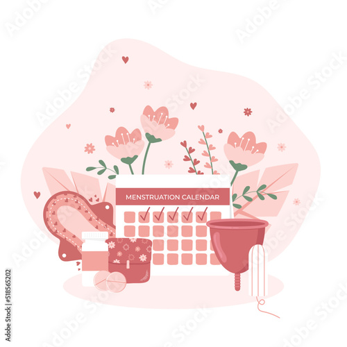 Illustration of the menstruation calendar, keeping track of a woman's cycle. Menstruation, cycle, feminine hygiene, critical days, medicine, gynaecology. Vector