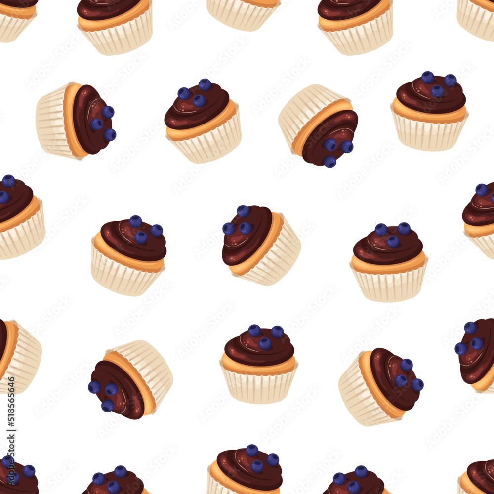 Seamless pattern of cupcakes with blueberries on white background. Seamless pattern of cupcakes with blueberries on white background.