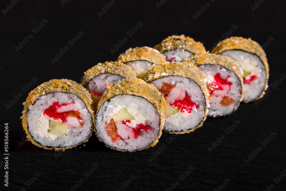 Warm breaded roll with nori, rice, shrimp, cucumber Warm breaded roll with nori, rice, shrimp, cucumber