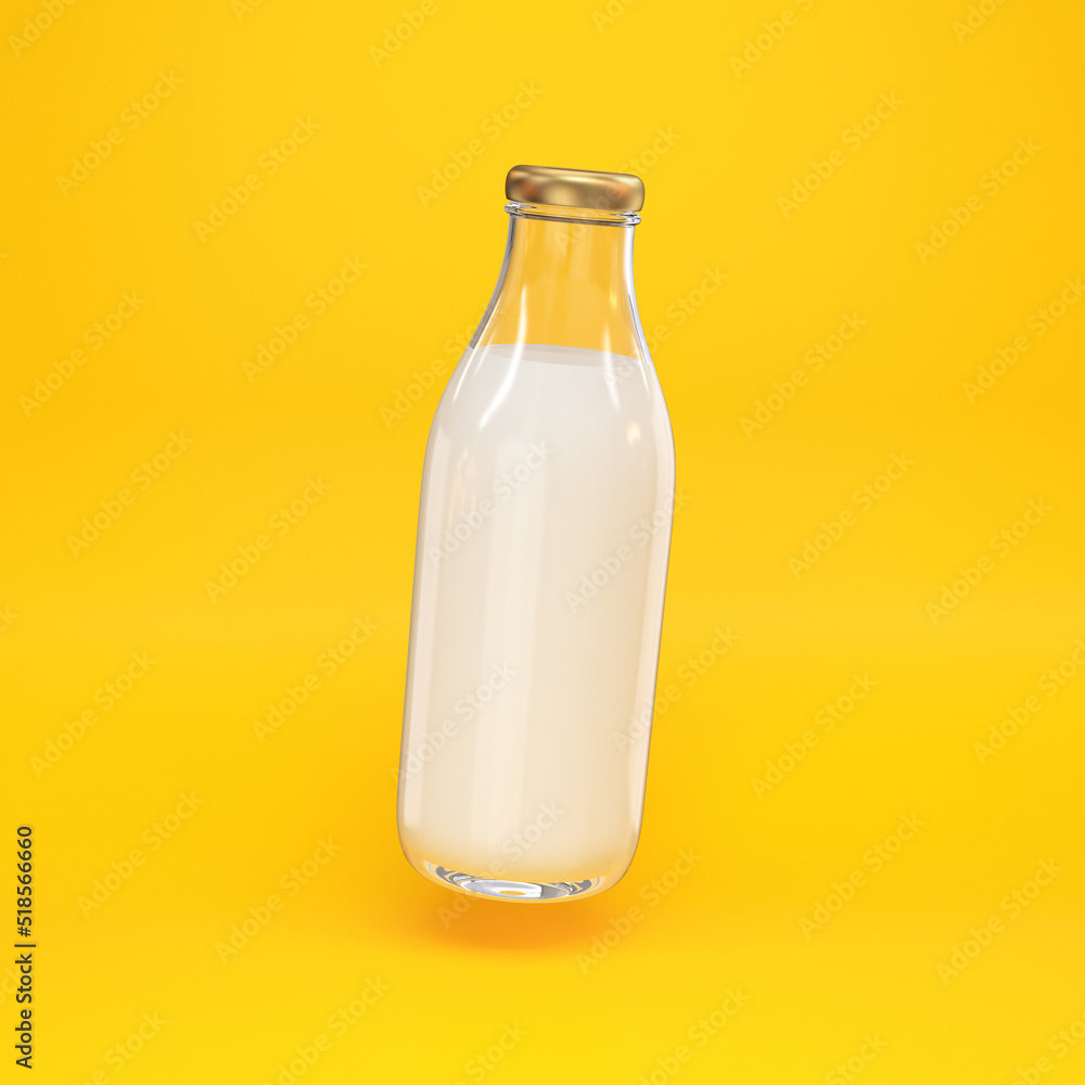 Glass bottle with milk floating on a yellow background, 3d render Glass bottle with milk floating on a yellow background, 3d render
