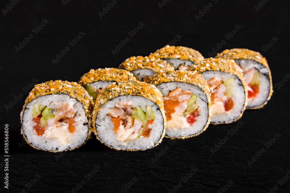 Warm breaded roll with nori, rice, cucumber, salmon, eel Warm breaded roll with nori, rice, cucumber, salmon, eel
