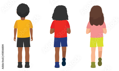 Back view on best friends girls and boy. Poster of active kids vector illustration banner, happy infants isolated on white background