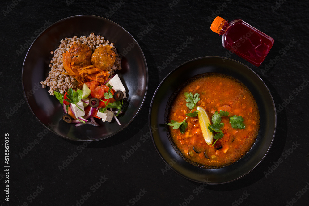 Red soup and buckwheat with meatballs Red soup and buckwheat with meatballs