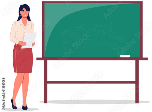 Female teacher with sheet of paper stands near blackboard. Woman conducts lesson, class in school. Curriculum for learning, educational program to study. Lady pedagogue teaching vector illustration