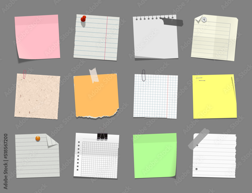 Realistick paper set. Blank tickers, note pages, torn sheets of paper, drawing pins, tape, staples, binder clip and other. Vector illustration