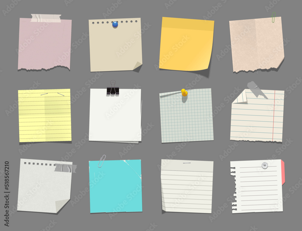 Realistick paper set. Blank stickers, note pages, torn sheets of paper, drawing pins, tape, staples, binder clip and other. Vector illustration