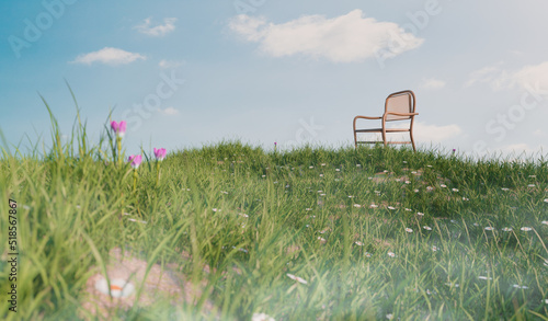 wooden chair on small hill with grass field, environment and human friendly concept, 3d illustration rendering