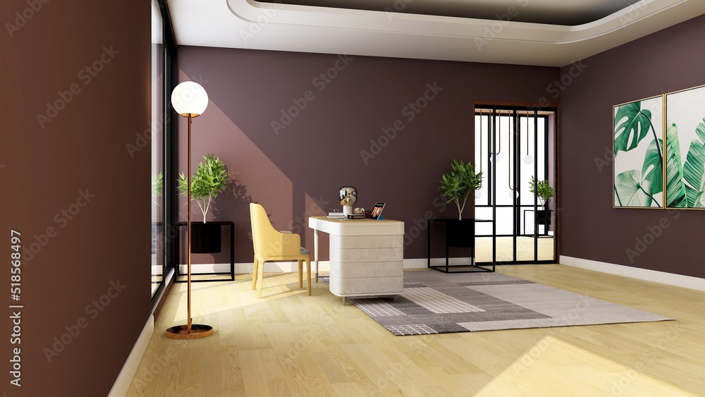 Fototapeta premium 3d office minimalist room with wooden design interior