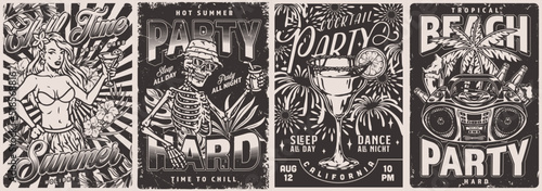 Summer holiday set posters monochrome