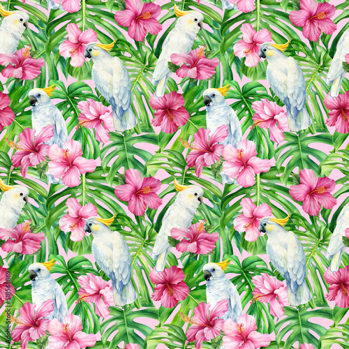Palm leaves  tropical flowers and white parrot. Watercolor flora. Seamless patterns.