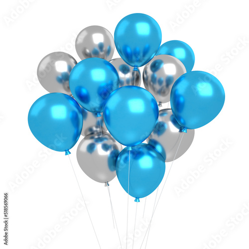Silver and blue isolated transparent for happy birthday and anniversary celebration mockup, 3d rendering