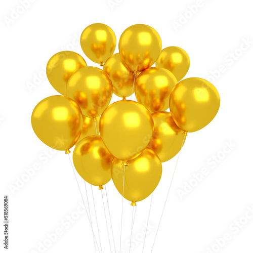 Golden balloons isolated transparent for happy birthday and anniversary celebration mockup, 3d rendering