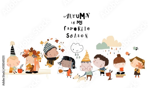 Happy Cartoon Kids enjoying Autumn on white Background