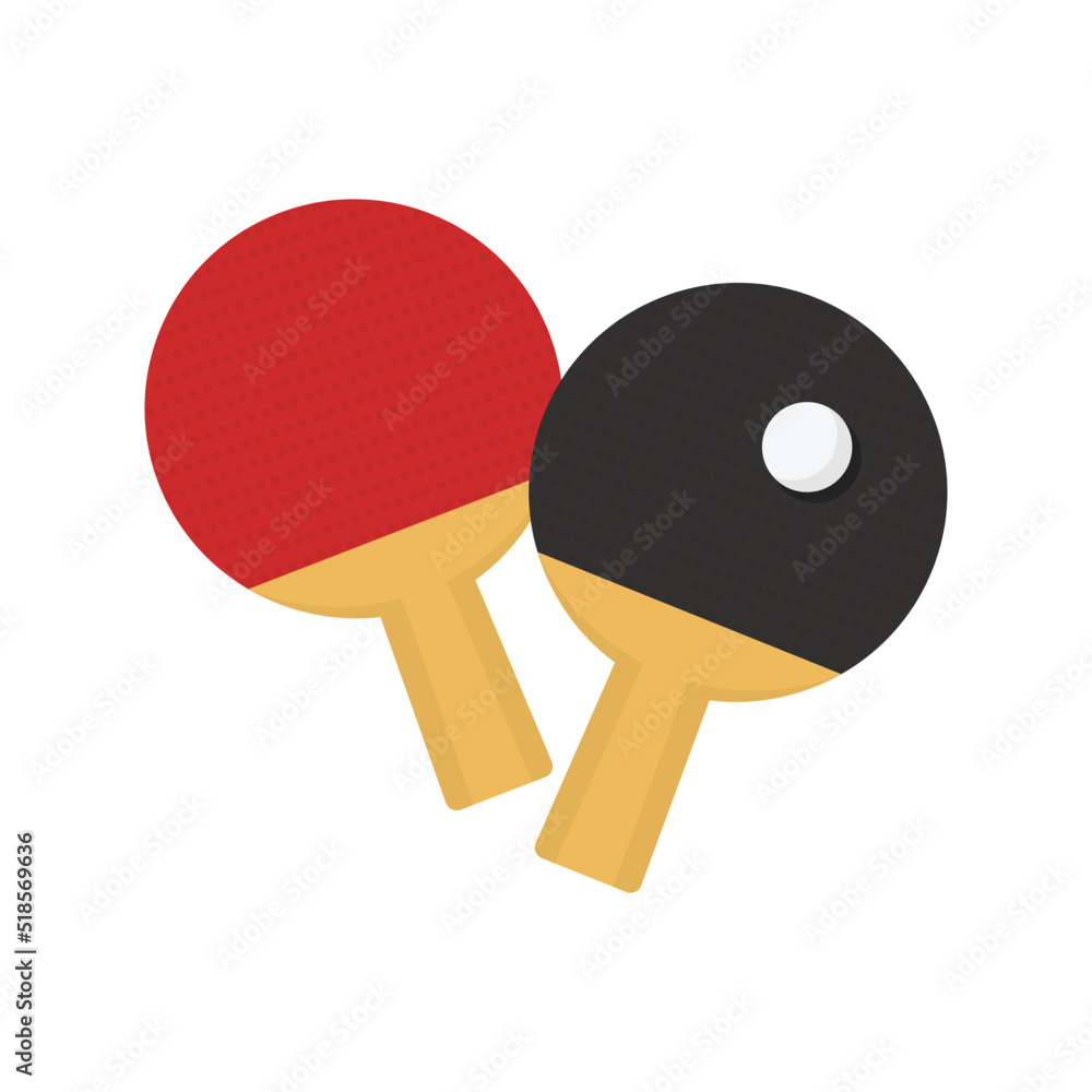 Flat icon two ping pong rackets with ball isolated on white background. Red and black rackets. Vector illustration. Flat icon two ping pong rackets with ball isolated on white background. Red and black rackets. Vector illustration.
