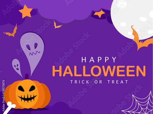 Happy Halloween banner or party invitation background with night clouds, candy and pumpkins. Vector illustration. Full moon in the sky, spiders web and flying bats. Place for text. Postcard design.