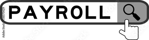 Search banner in word payroll with hand over magnifier icon on white background