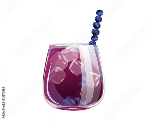 Blueberry cocktail.Summer refreshing drink with blueberries on a skewer and ice.Vector illustration isolated on a white background.