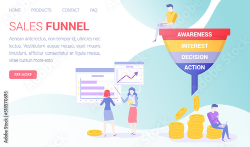 Sales funnel stages, potencial customers concept. People working with sales funnel management. Colleagues analyze online customer behavior. Team of marketers work with marketing data analysis