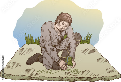 Illustration of a sitting medieval farmer. Mowing grass, Tool sickle, grass. Ready to use eps10 for your design