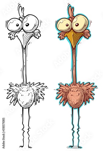 Cartoon funny cute hand drawn standing crazy pink bird. Vector colorful sketch isolated on white background.