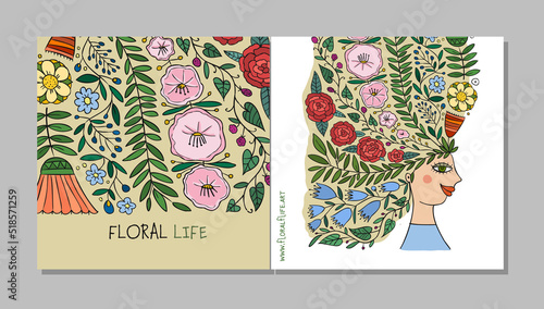 Floral female portrait, pretty woman with floral hairs. Concept art for your ...