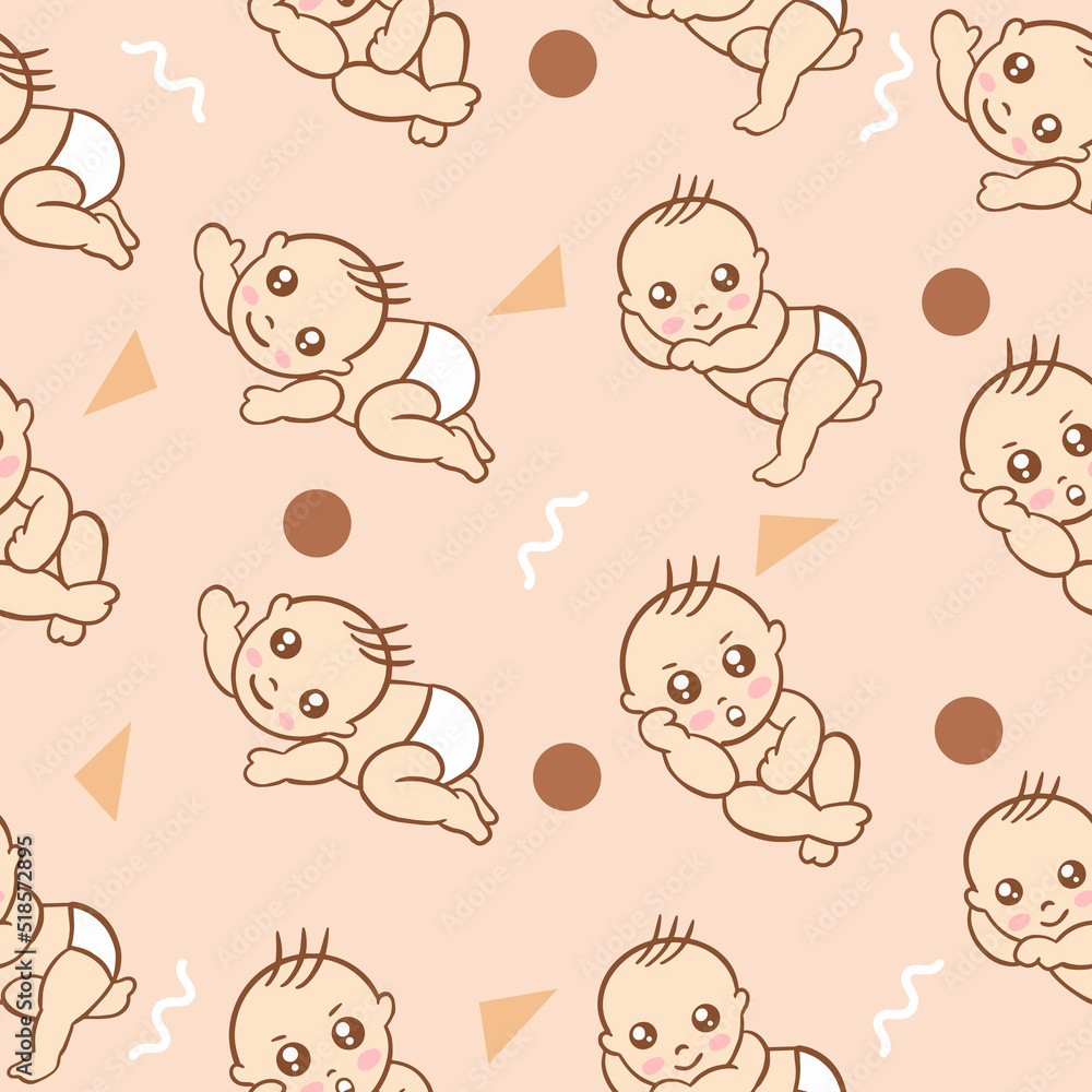 Obraz premium Set Cute Baby Babies Boy Cartoon Flat With Abstract Brown Object Collection Illustration Lite Pink.