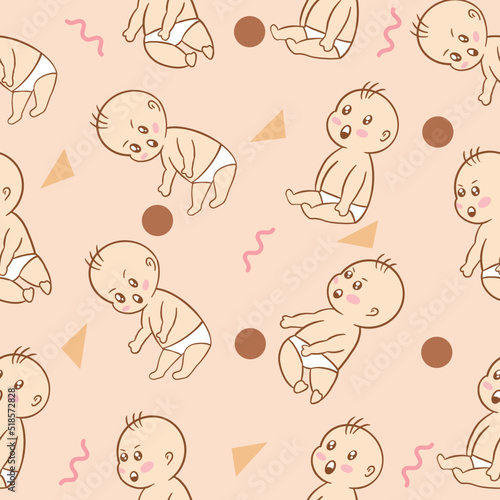 Set Cute Baby Babies Boy Cartoon Flat With Abstract Brown Object Collection Illustration Lite Pink.