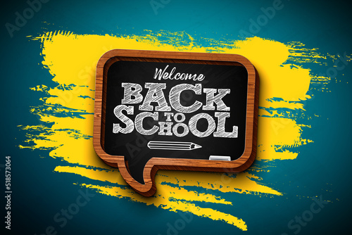 Back to School Design with Typography Letter and Chalkboard on Yellow Background. Vector School Illustration for Greeting Card, Banner, Flyer, Invitation, Brochure or photo