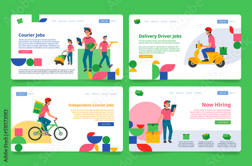 Courier job offer HR agency landing page set vector hiring goods delivery personnel staff logistic