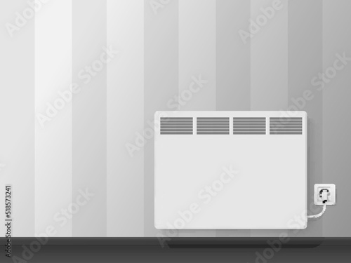 Electricity home heater plug inserted to wall socket room interior realistic vector illustration