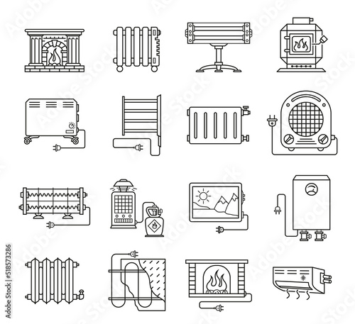 House heating equipment line art monochrome icon set vector illustration. Indoor temperature control