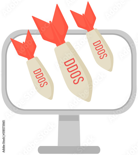DDoS attack vector icon design, Cloud computing and web hosting services concept. Application and machine hacking attempt. Victim computer monitor has distributed denial of service ddos bomb attack