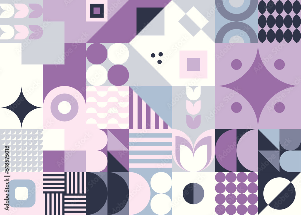 Geometryczna kompozycja - kolorowa mozaika z kolorem różowym, granatowym, szarym i ecrue. Powtarzający się wzór w stylu bauhaus do zastosowania jako tło do projektów.