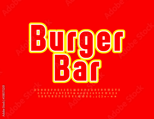 Vector bright Emblem Burger Bar. Elegant colorful Font. Artistic Alphabet Letter, Numbers and Symbols