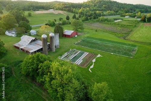 A birds eye view of a farm in early summer. 