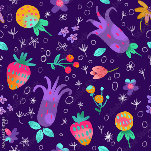 Seamless pattern with purple bluebells   abstract yellow flowers  tulips on the dark purple background. Can be used as wallpaper  background for bags and cases  printing and textile design. 