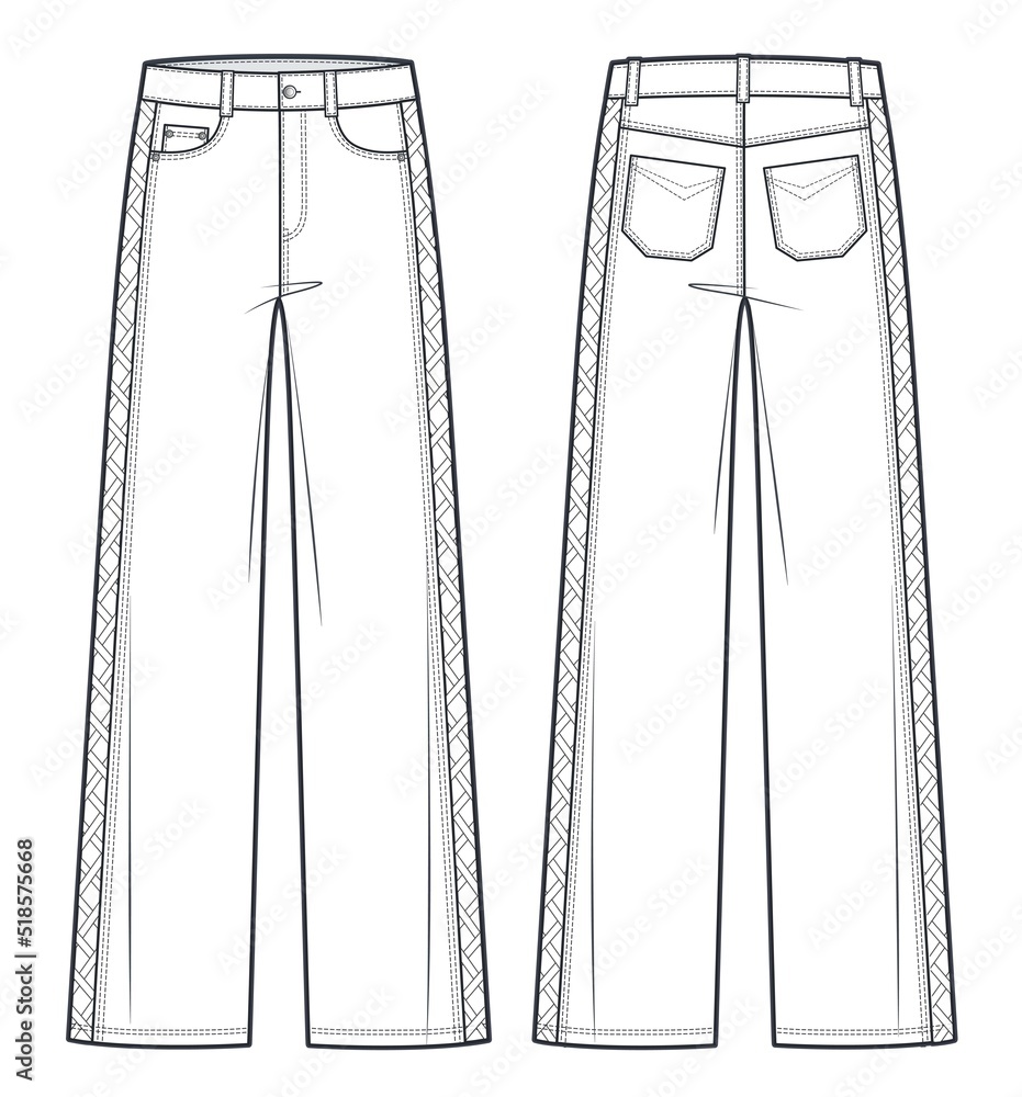 Unisex cutouts Jeans pants fashion flat technical drawing template ...