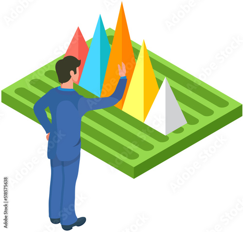 Analytics information and development statistics. Web analysis measure, product testing technology. Man analyses dashboard seo optimization, digital report. Statistical indicators and data on diagram