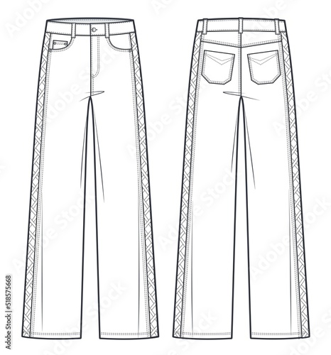 Unisex cutouts Jeans pants fashion flat technical drawing template. Jeans medium waist, flared fit, women, men, front view, back view, white, CAD mockup.