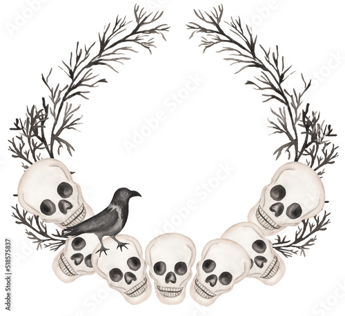 Watercolor hand drawn halloween wreath. Scary party frame with scull illustration  black crow and branches clipart. Holiday template card with halloween symbols.