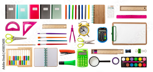 Back to school background. School office supply and stationery flat lay on white, top view