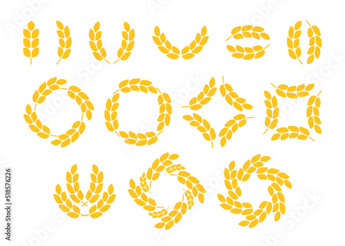 Gold wheat grain ear set, circle wreath frame. Icon whole bread grains, wheat, barley, rice, corn, oat ear. Spica harvest plant for agriculture, cereal products, bakery. Vector symbol