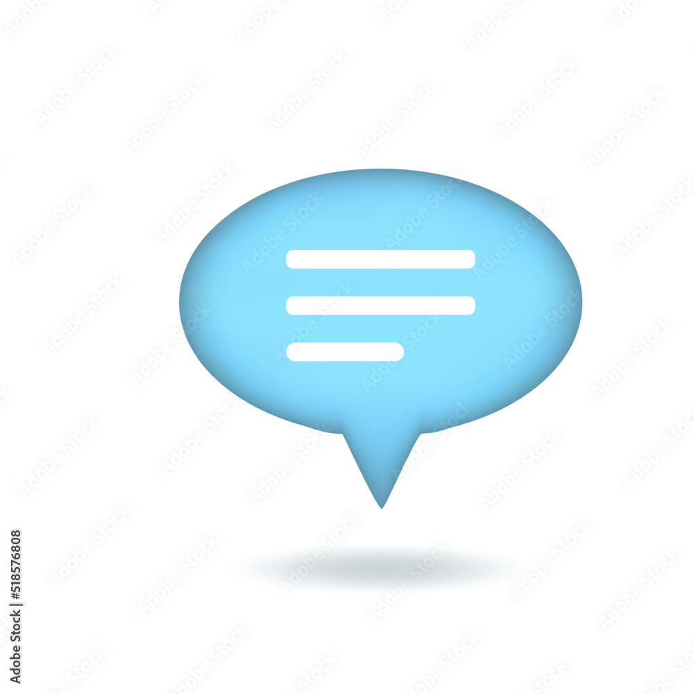 Vector illustration. 3d chat icon, comment, speech bubble with three lines. Oval button isolated on white background. Vector illustration. 3d chat icon, comment, speech bubble with three lines. Oval button isolated on white background.