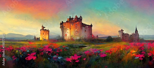 Gorgeous early morning sunrise, imaginative Scottish castle overlooking loch and expressive wild flowers in vibrant yellow, pink and cornflower blue. Scenic surreal dreamscape.