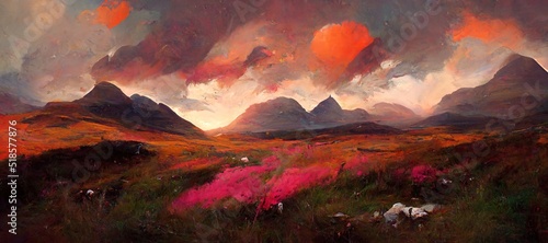 Scenic imaginative Scottish highlands landscape with wild flowers and rolling hills at sunset or sunrise. Epic clouds and dark contrast to emphasize the bold beauty of Scotland.