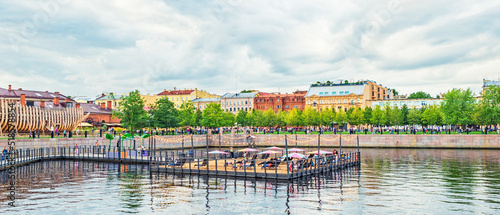 Panorama of the summer recreation area on New Holland Island in St. Petersburg, Russia