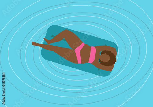 Ilustración mujeres diversas disfrutando del verano. Mujer con bikini rosa sobre colchoneta azul flotando en el agua del mar o en la piscina. photo