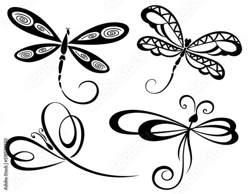 Modern stylized graphic black and white animalistic pattern. Openwork flat silhouettes of dragonflies. Trendy graphic illustration for stylish interior design or creative garment decoration.