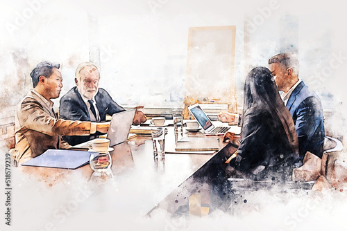 Abstract business persons meeting for teamwork on watercolor illustration painting background.