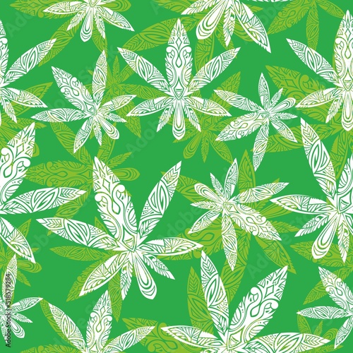 Green seamless pattern with medical herbs to smoke. Repetitive background with marijuana and cannabis leaves. 